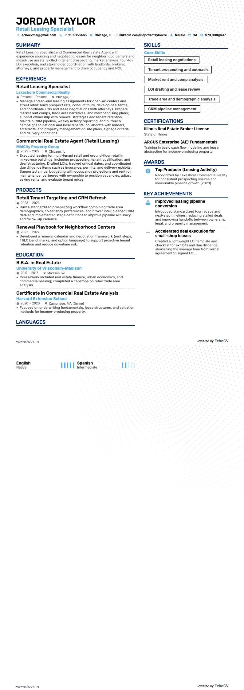 Retail Leasing Specialist example resume