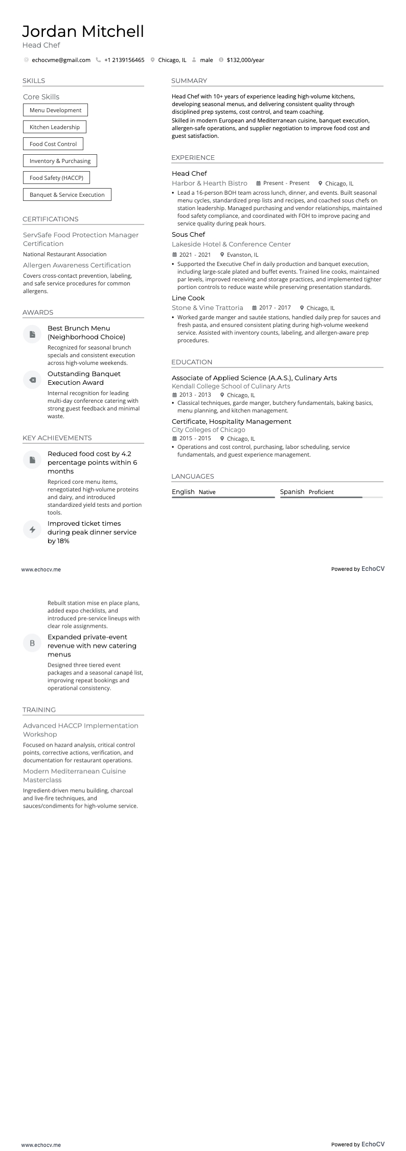 料理長 example resume