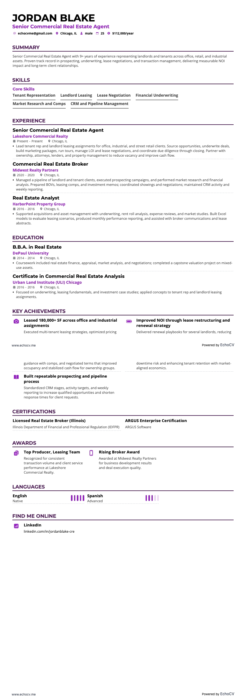 Senior Commercial Real Estate Agent example resume