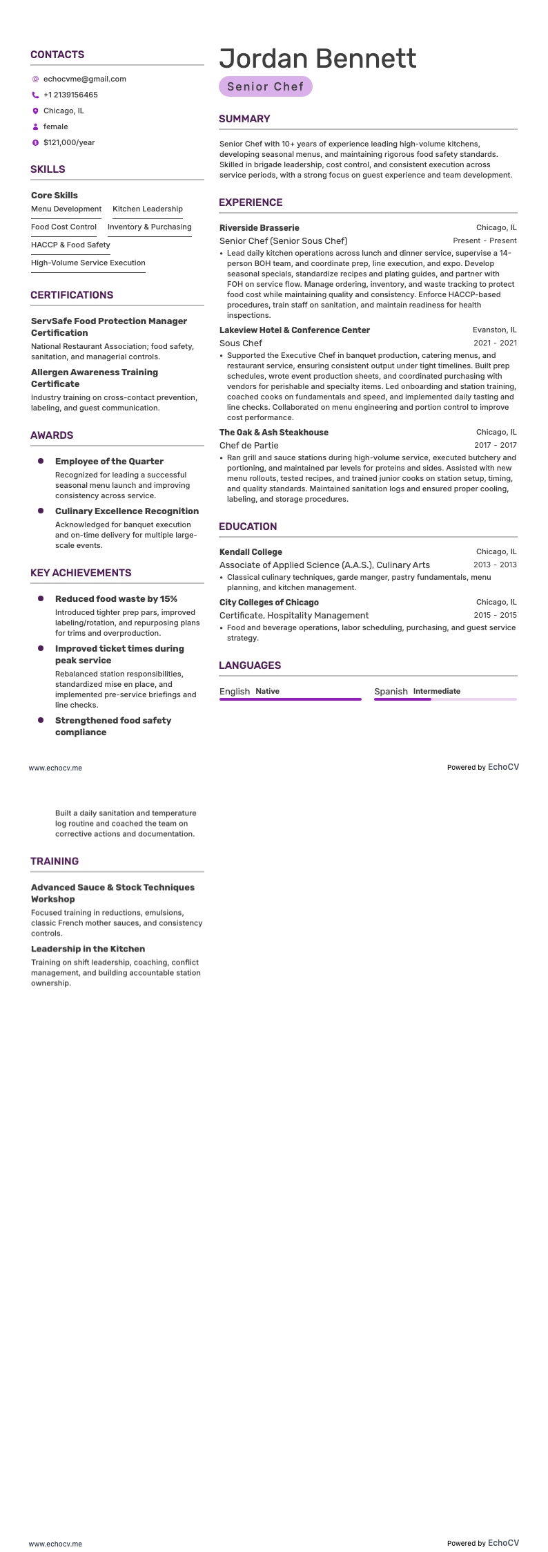 シニアシェフ example resume