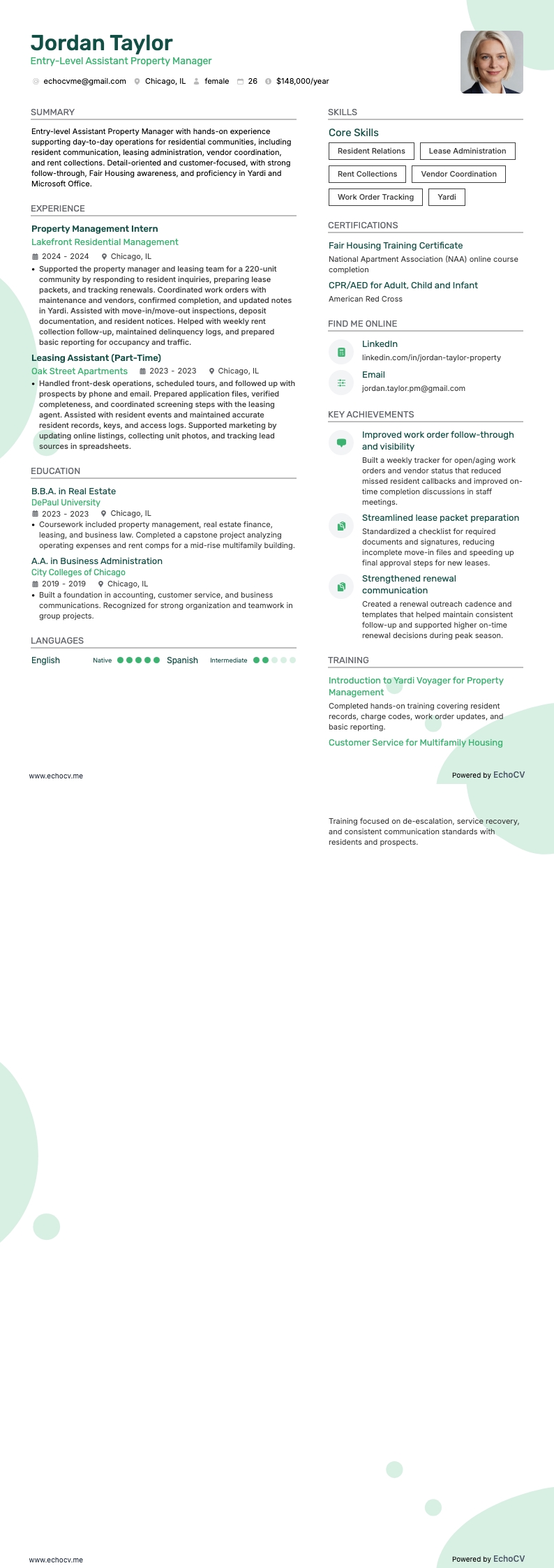 Entry-Level Assistant Property Manager example resume