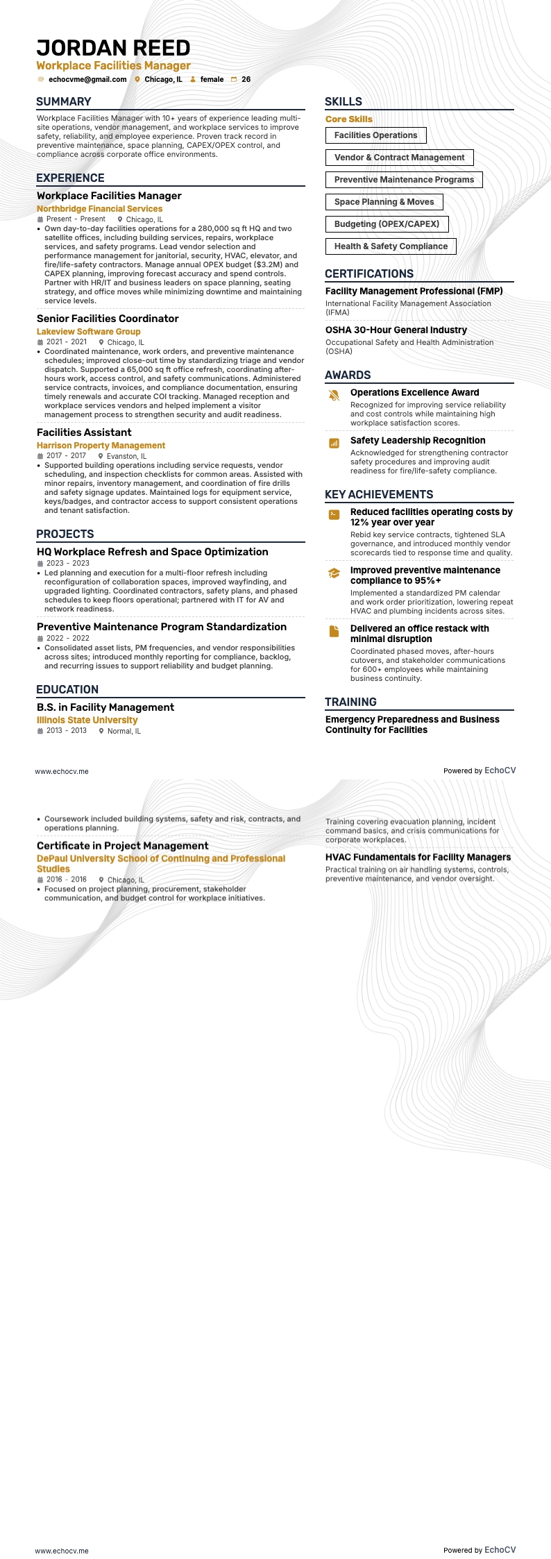 Workplace Facilities Manager example resume