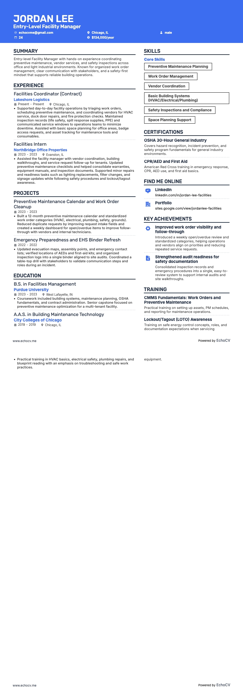 Entry-Level Facility Manager example resume