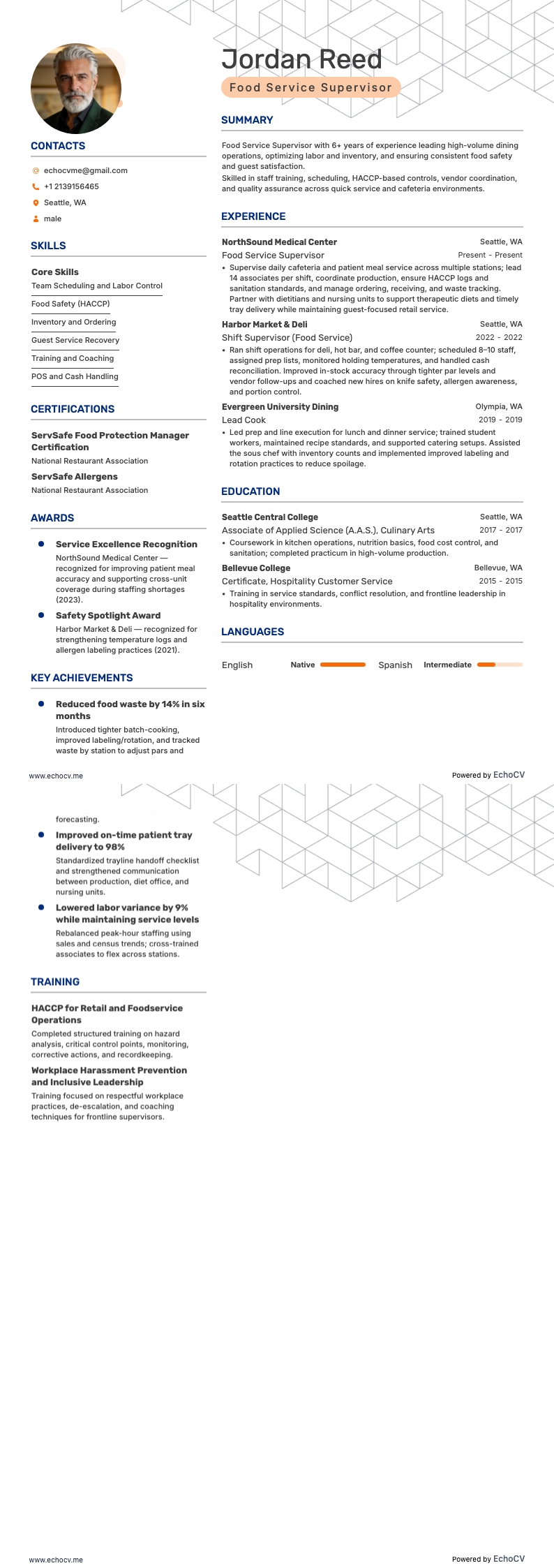 Food Service Supervisor example resume