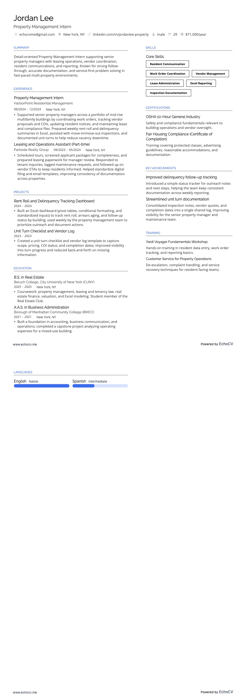 Property Management Intern example resume