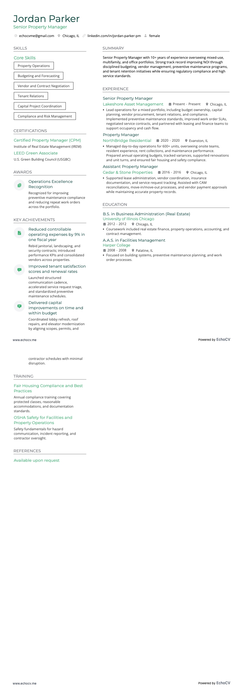 Senior Property Manager example resume