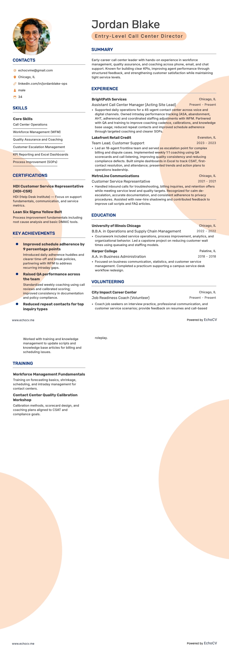 Callcenterdirecteur op instapniveau example resume