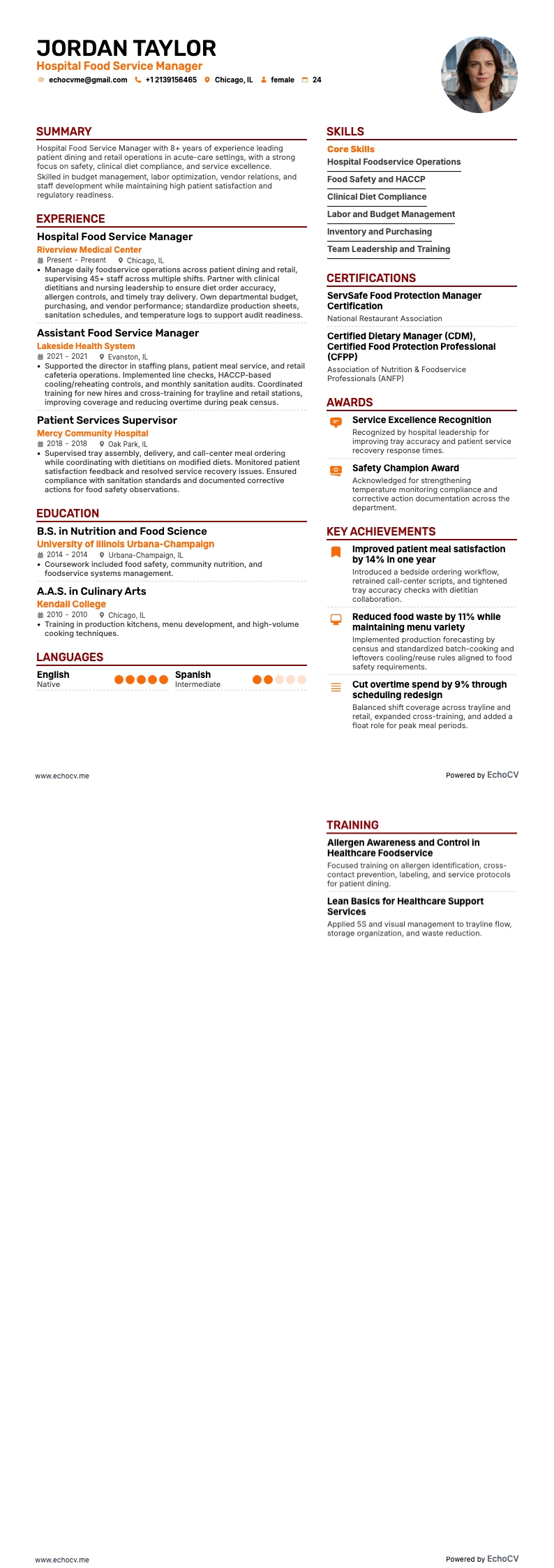 Hospital Food Service Manager example resume