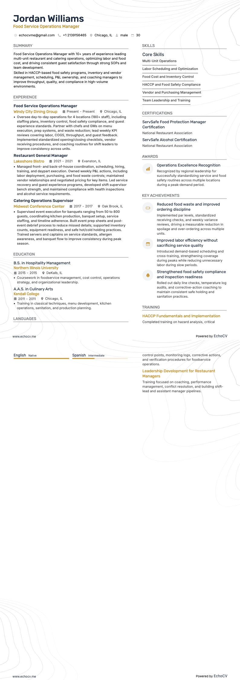 Food Service Operations Manager example resume