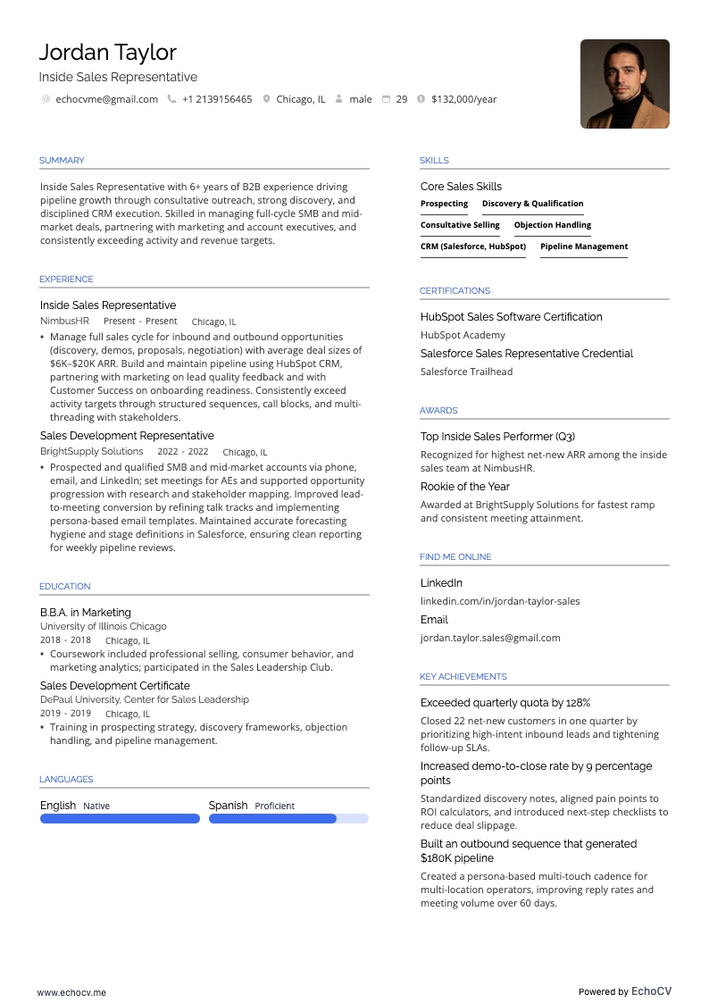 Inside Sales Representative example resume