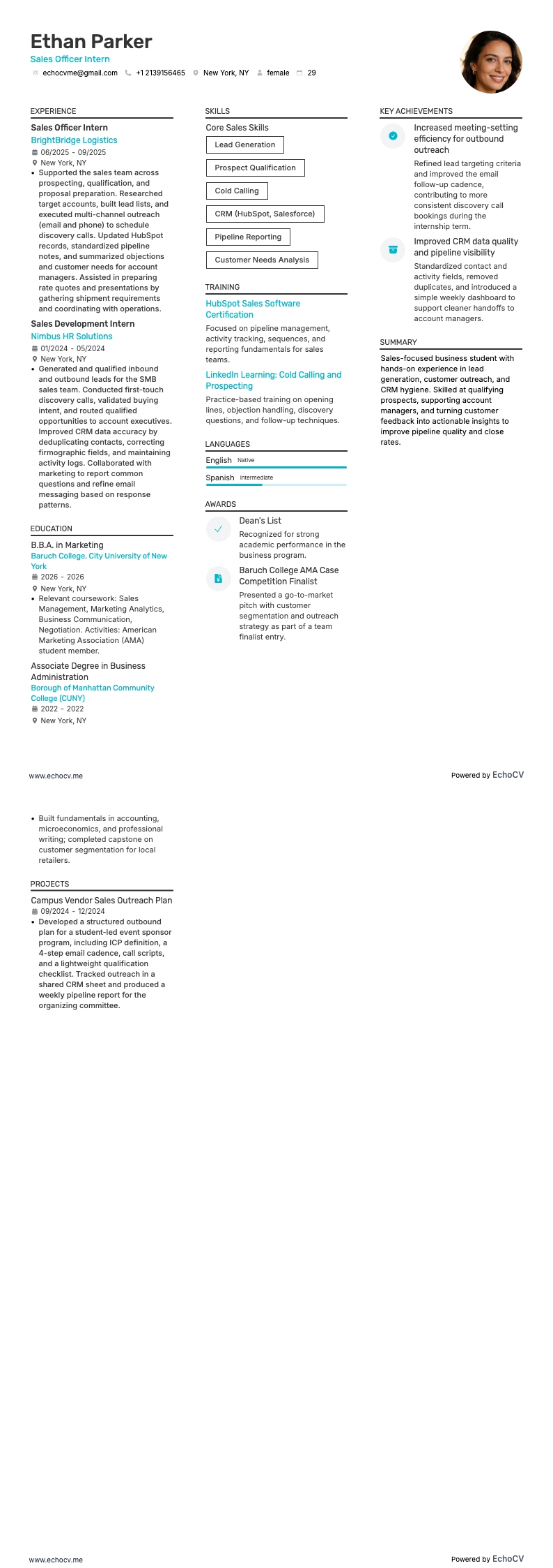 Sales Officer Intern example resume