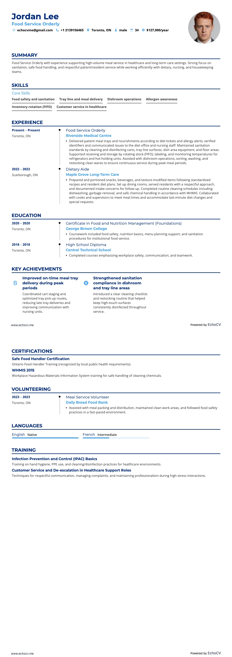 Food Service Orderly example resume