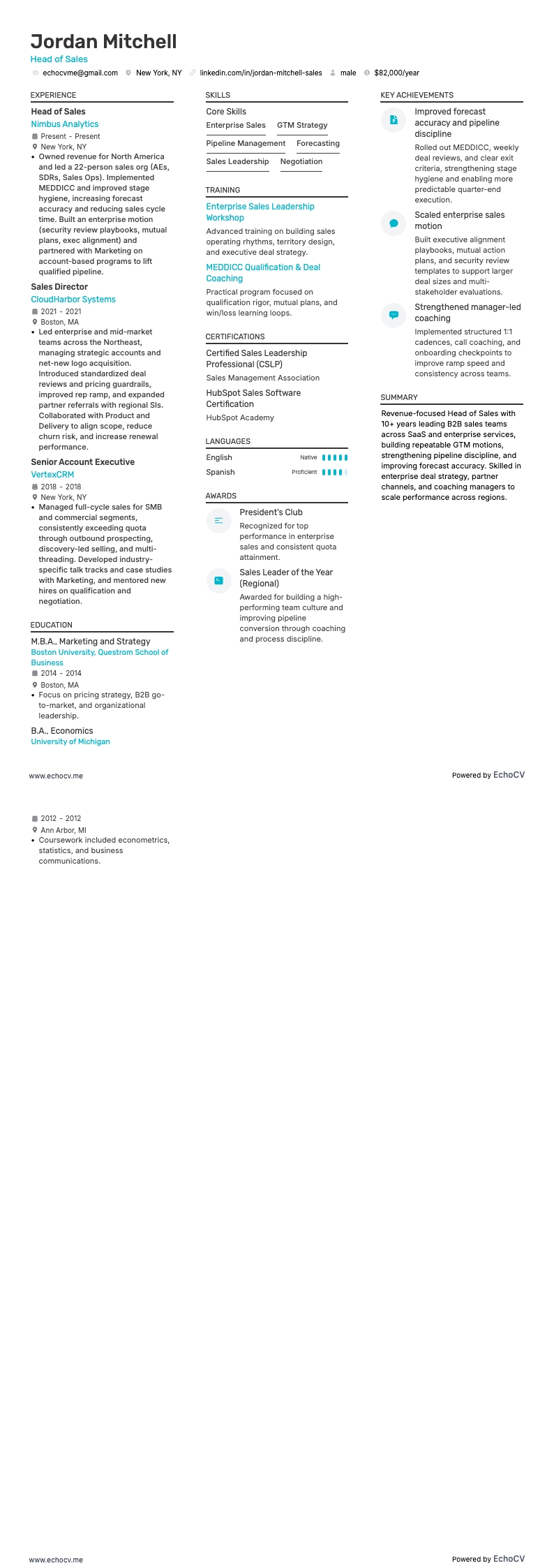 Head of Sales example resume