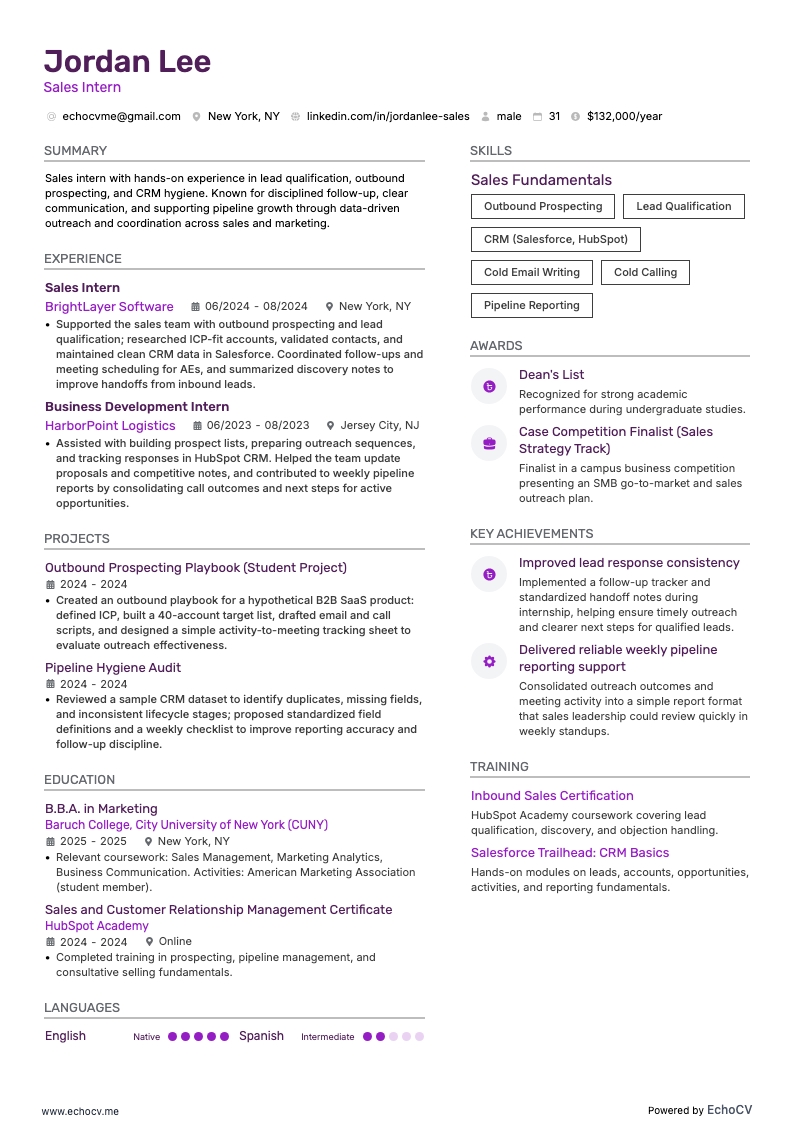 Sales Intern example resume
