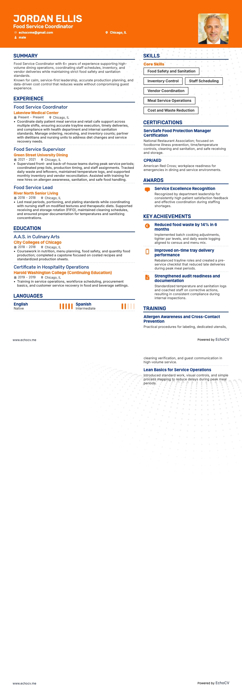 Food Service Coordinator example resume