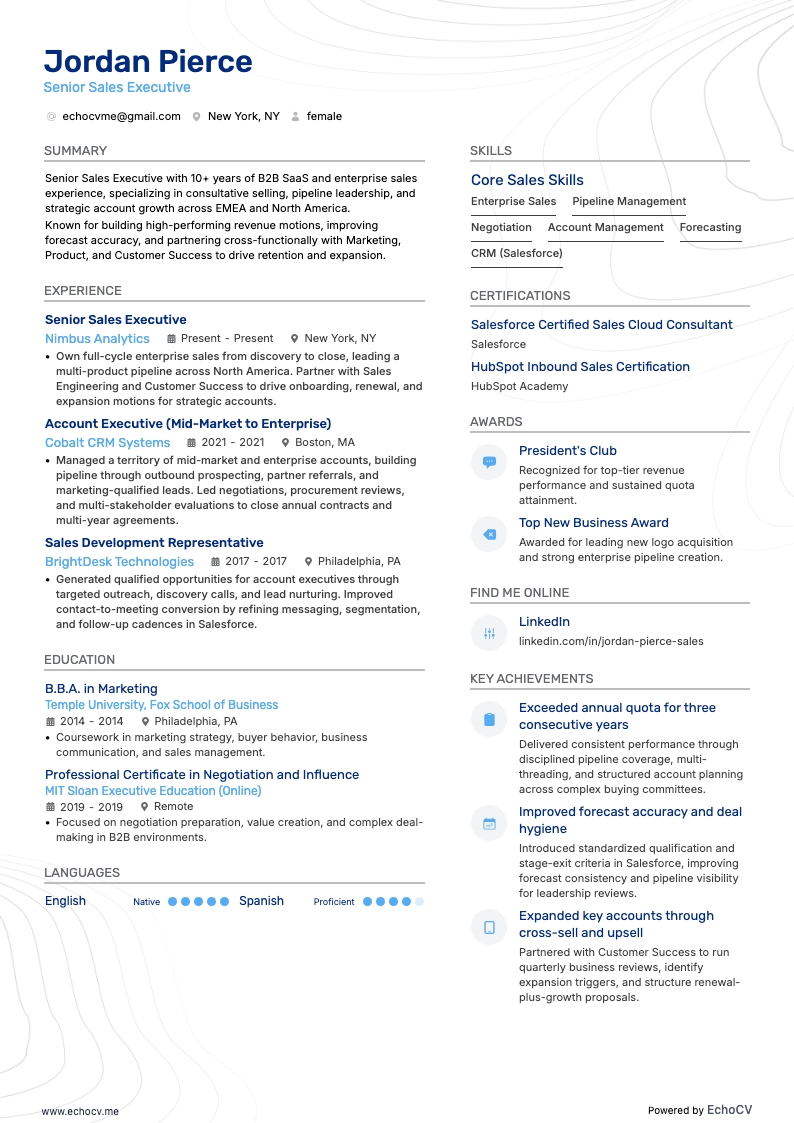 Responsabile vendite senior resume example