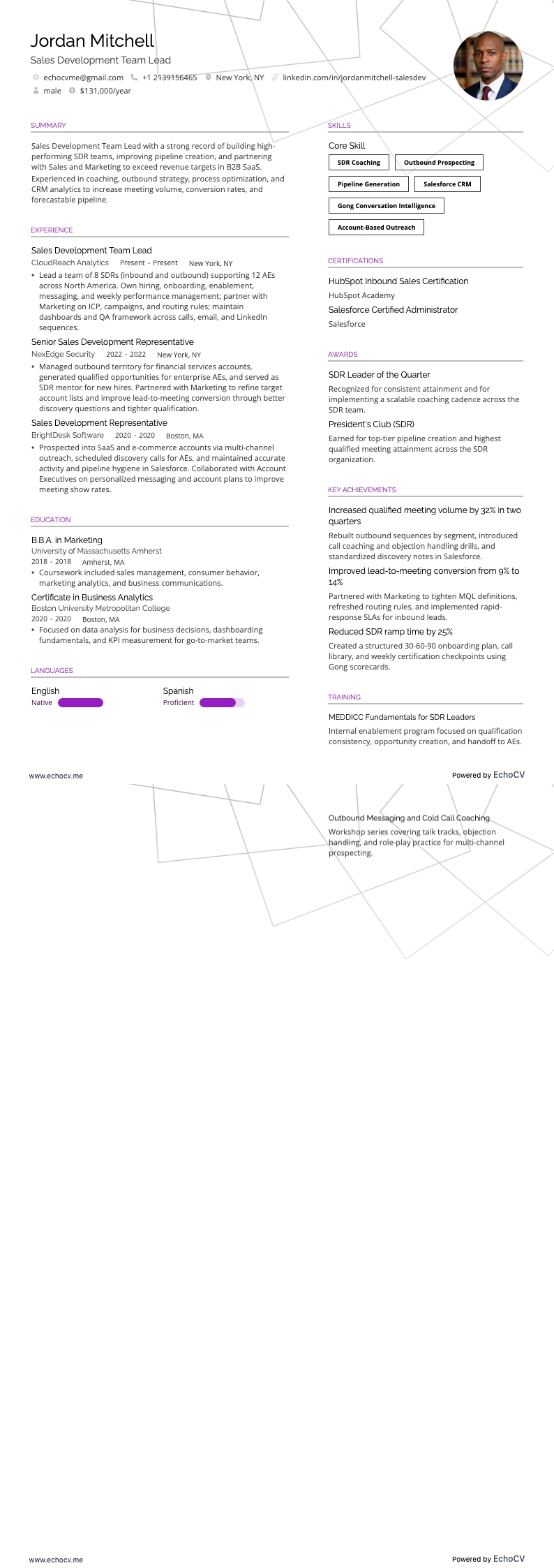 Chef d’équipe en développement commercial example resume