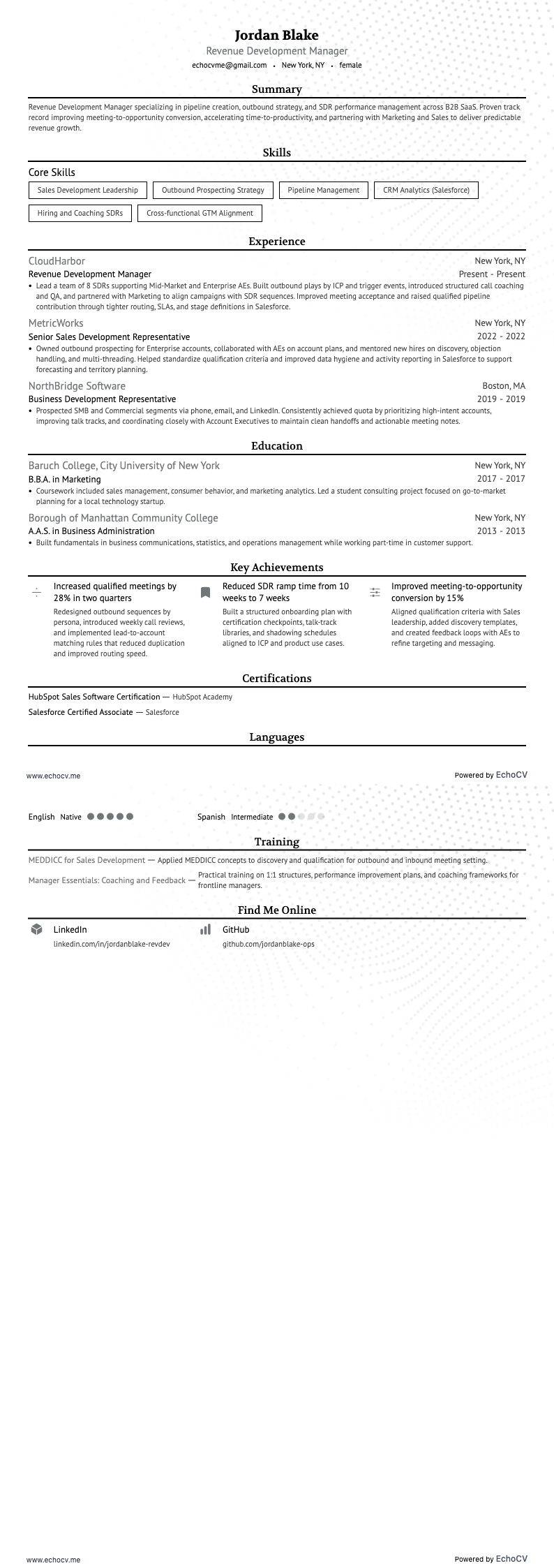 Responsable du développement des revenus example resume