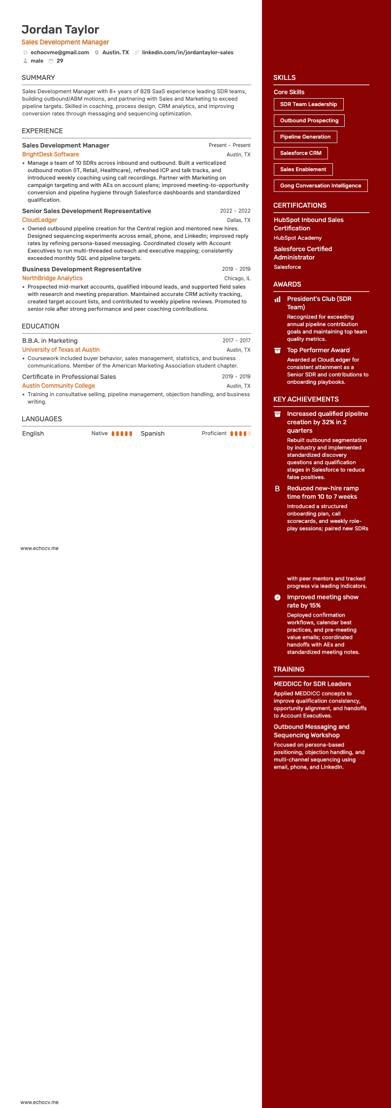 Responsable du développement commercial resume example