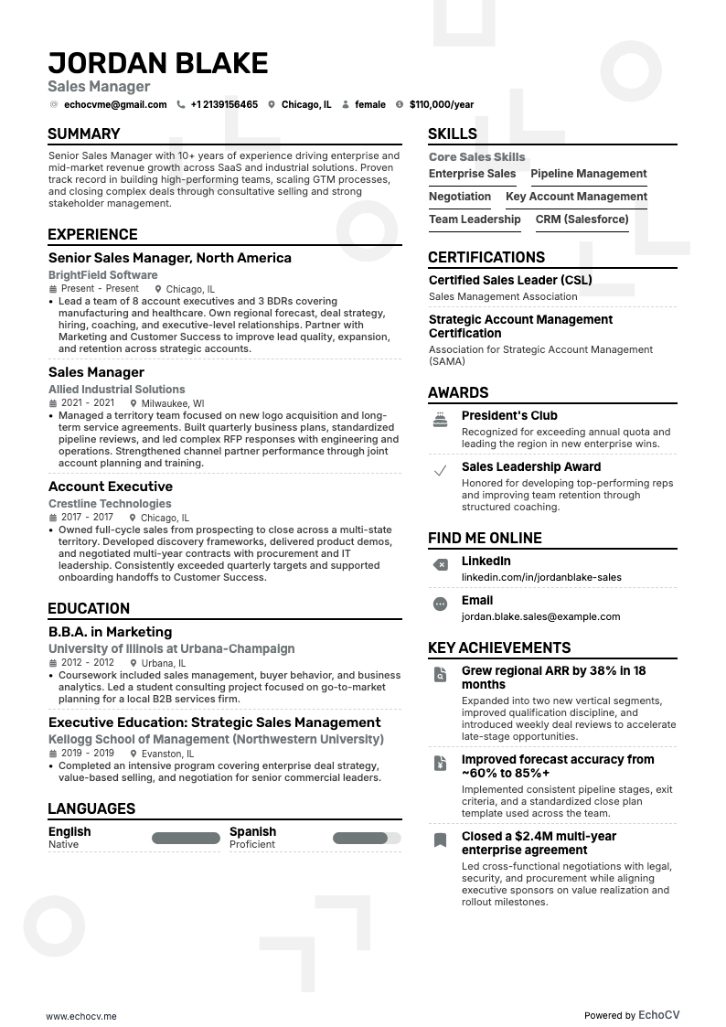 Sales Manager example resume