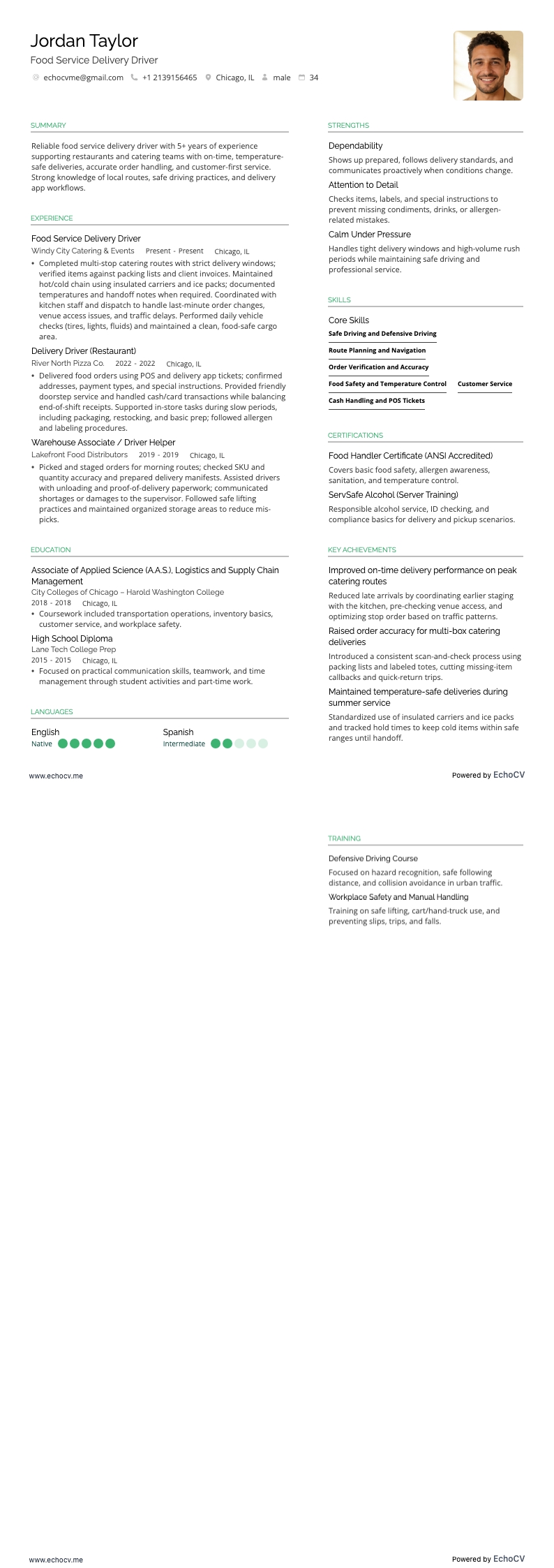 Food Service Delivery Driver example resume