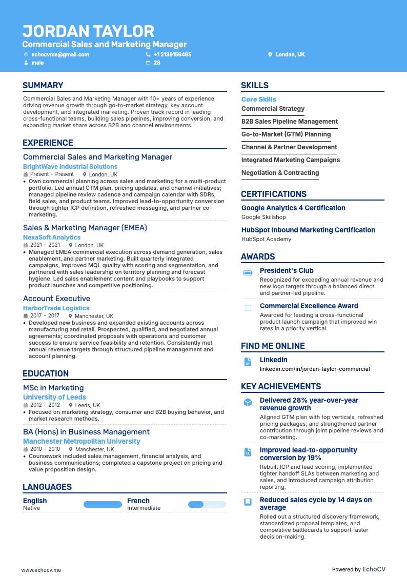 Commercial Sales and Marketing Manager example resume