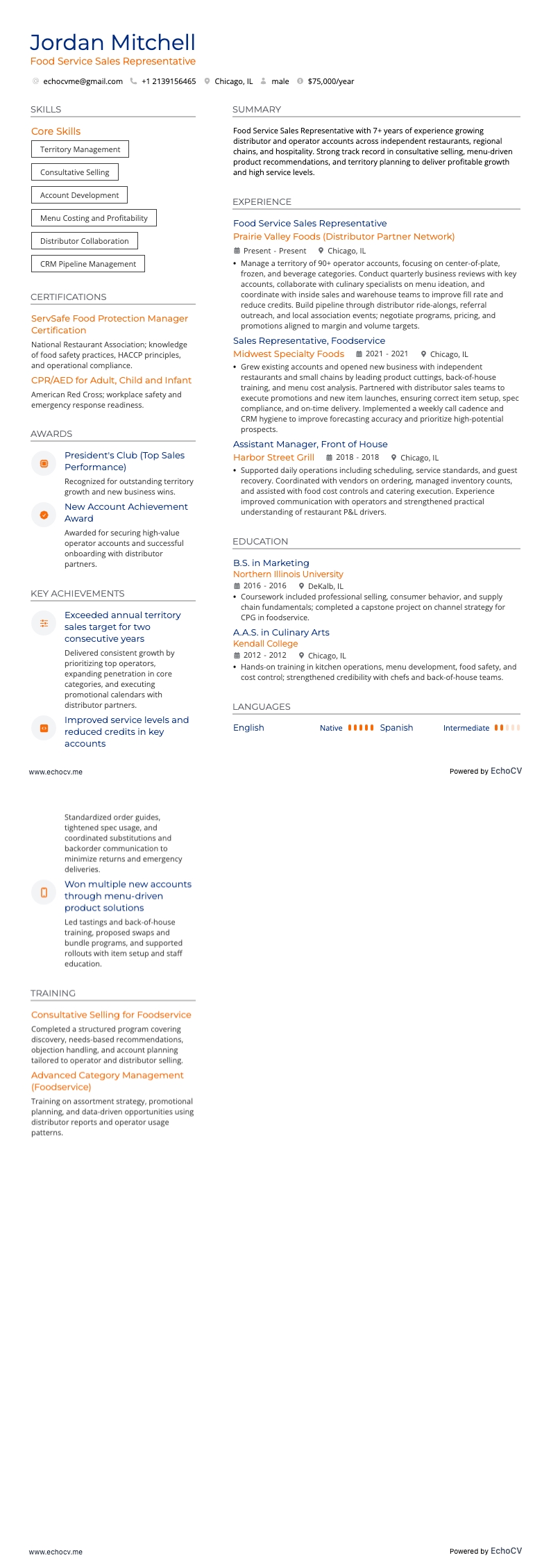 Food Service Sales Representative example resume