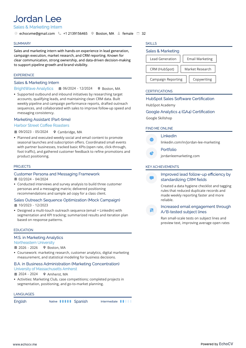 Sales & Marketing Intern example resume