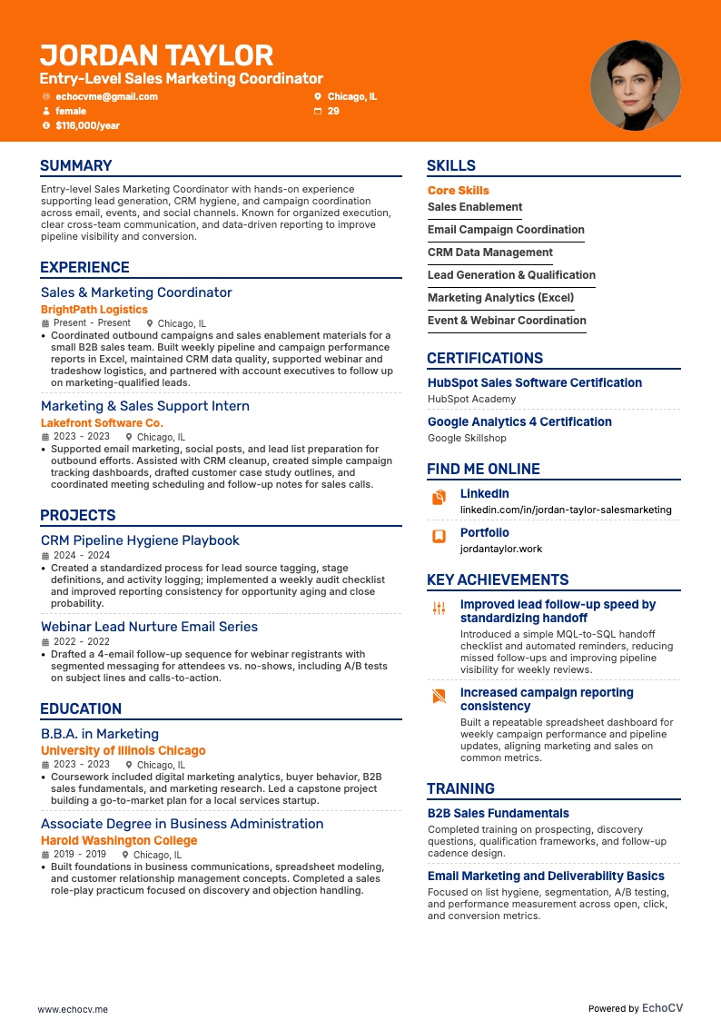 Entry-Level Sales Marketing Coordinator example resume
