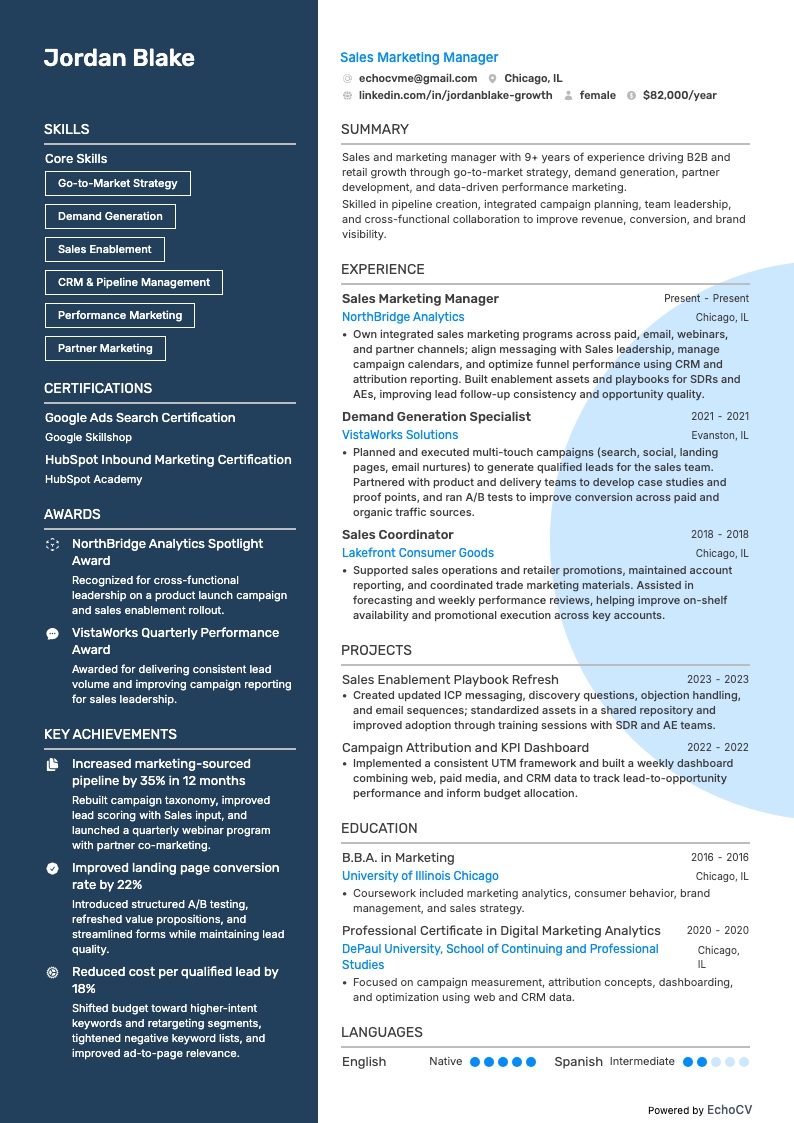 Responsabile vendite e marketing resume example