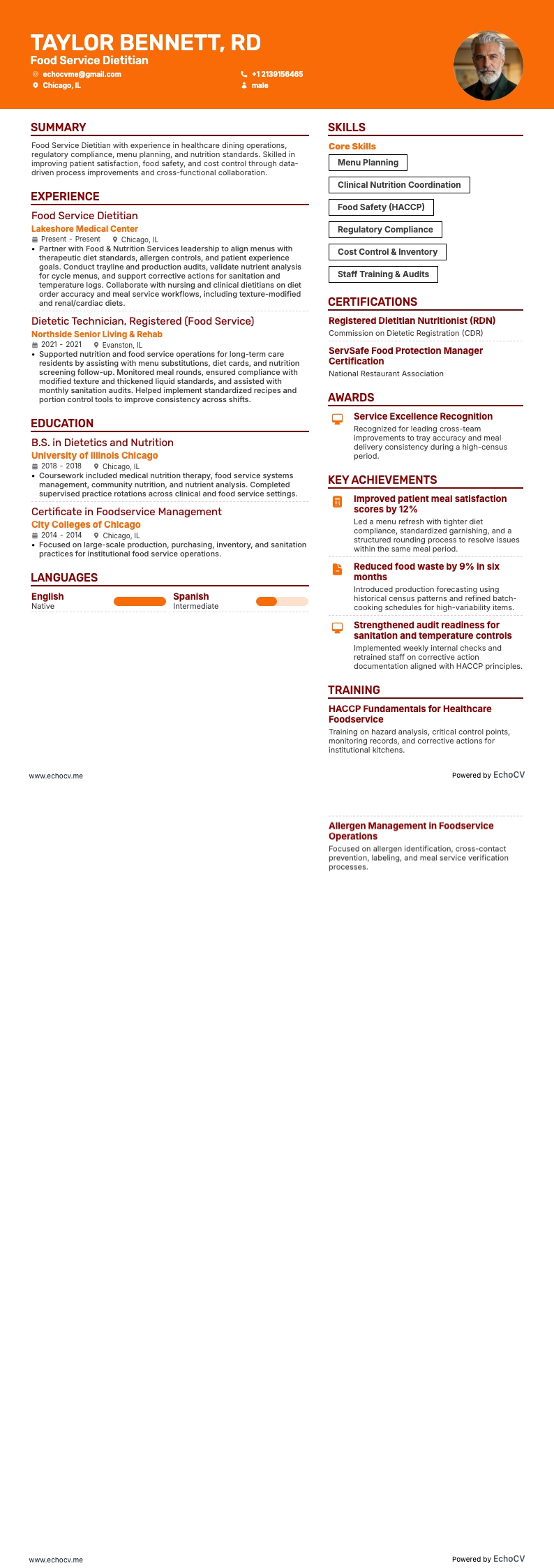 Food Service Dietitian example resume