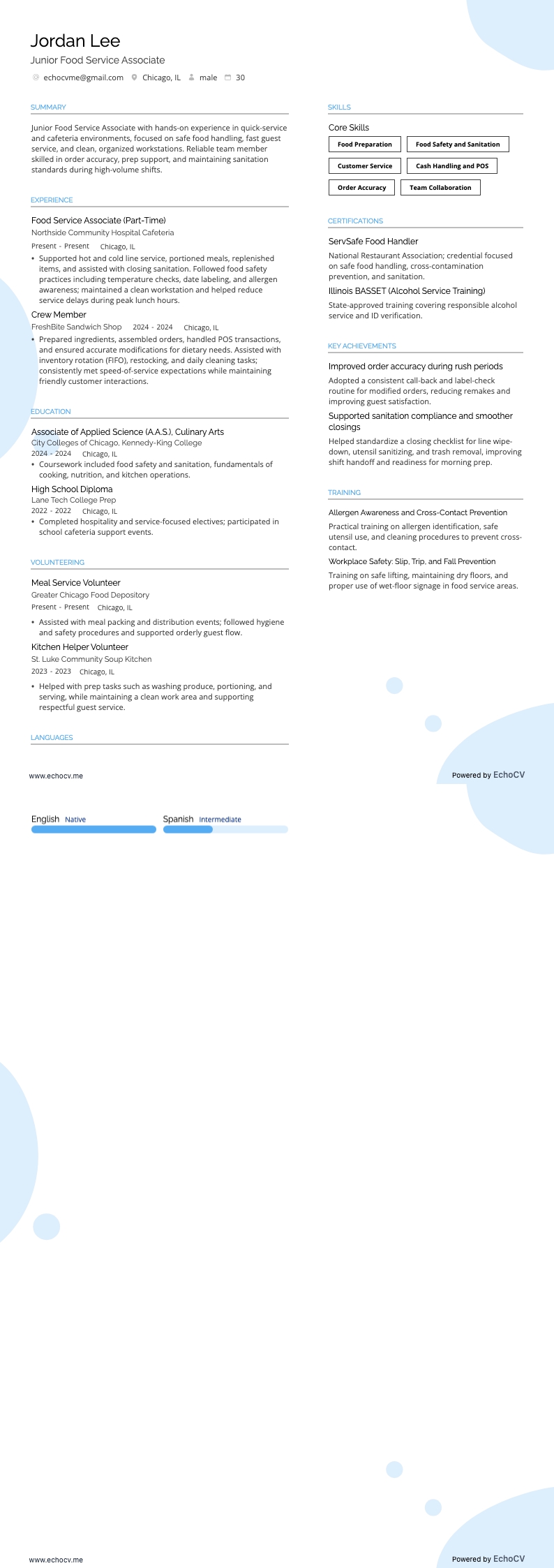 Food Service resume example