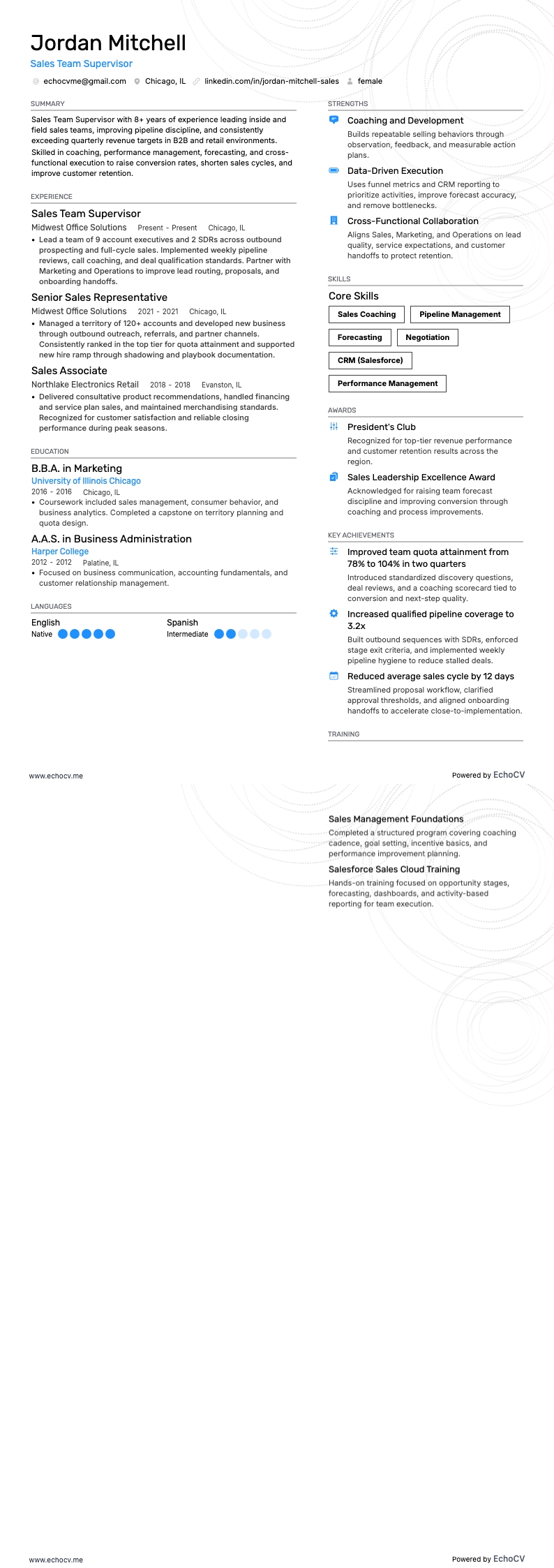 Superviseur des ventes resume example