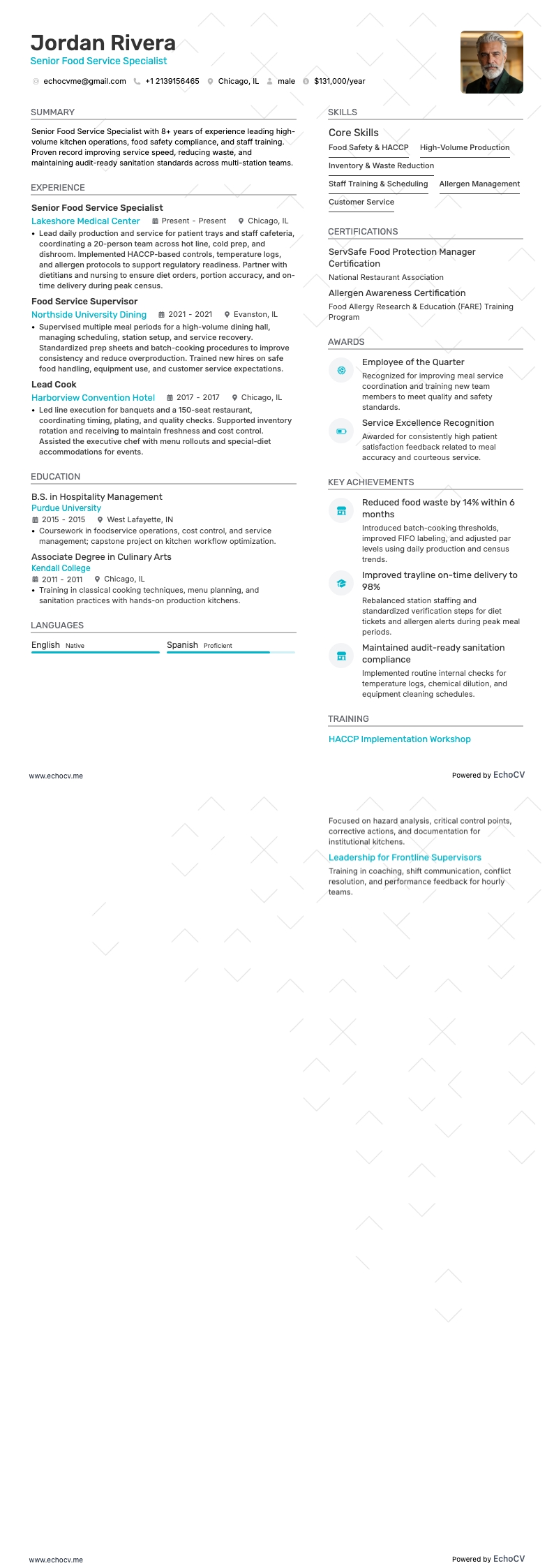 Senior Food Service Specialist example resume