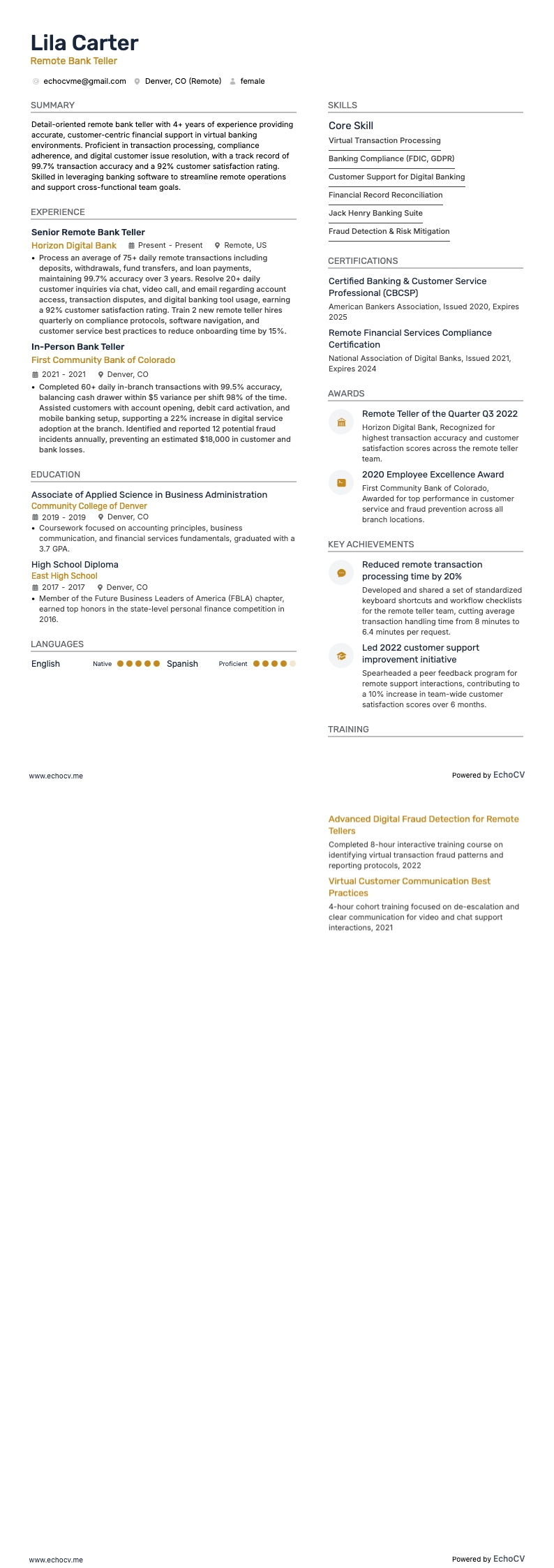 Remote/Virtual Bank Teller Resume example resume