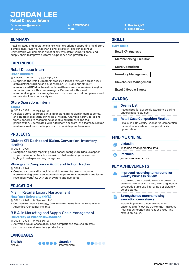 小売部門ディレクターインターン example resume