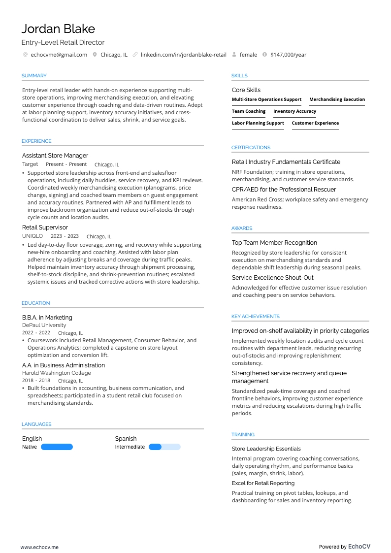 未経験向け小売ディレクター example resume