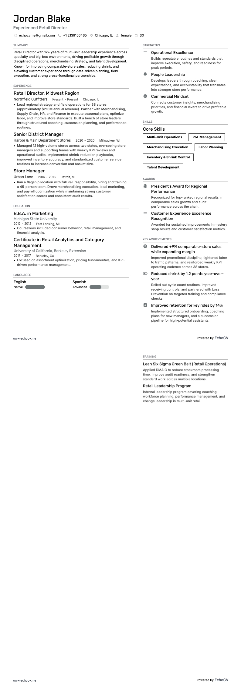 リテールディレクター resume example