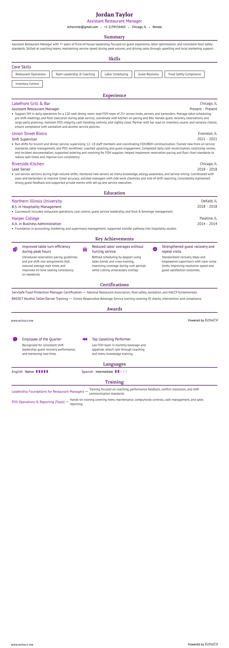 레스토랑 부지배인 example resume