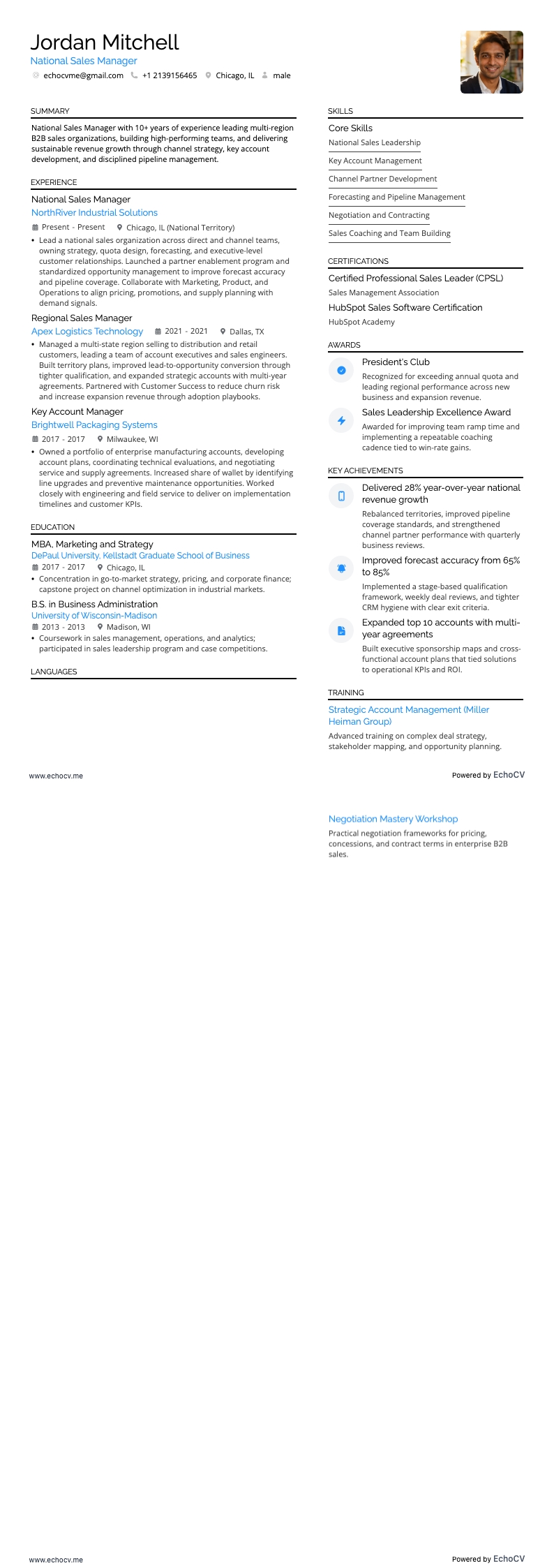 Responsable national des ventes example resume