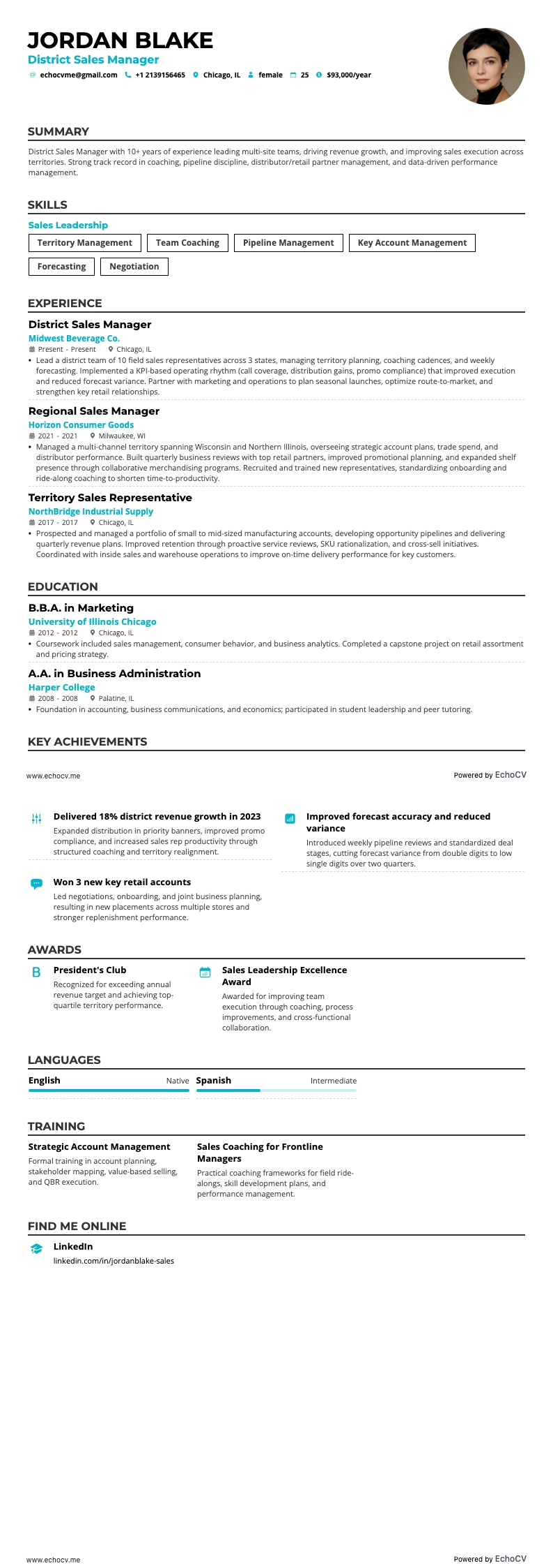 Directeur commercial général resume example