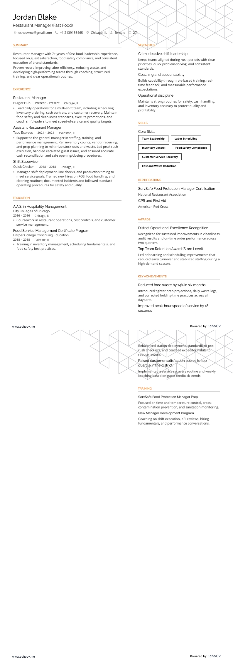 패스트푸드 example resume
