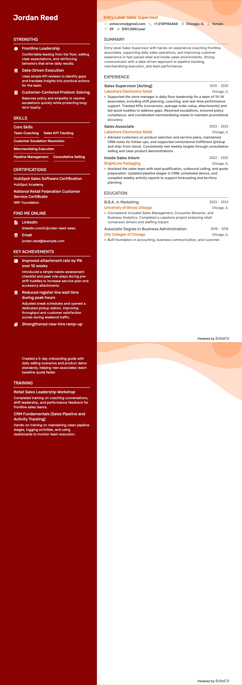 Superviseur des ventes débutant example resume