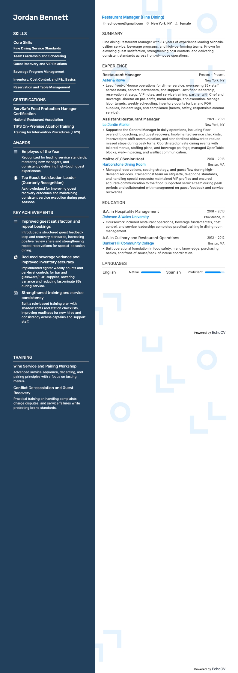 레스토랑 매니저 resume example