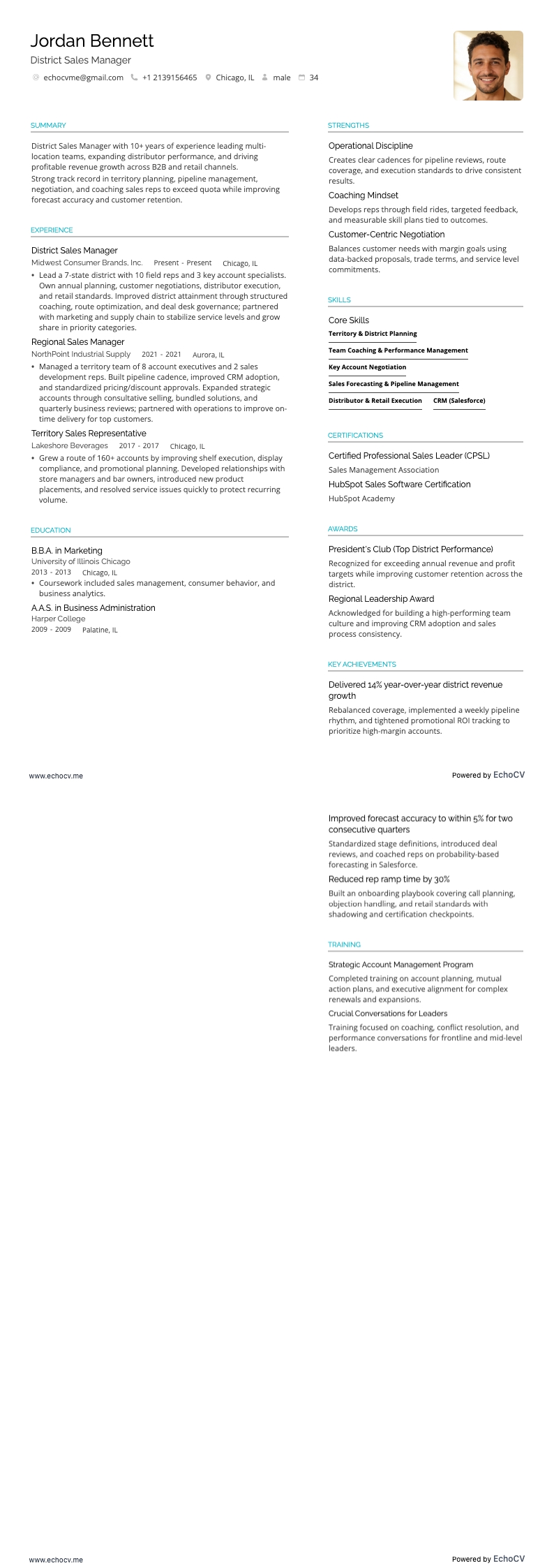 Responsable commercial de district example resume