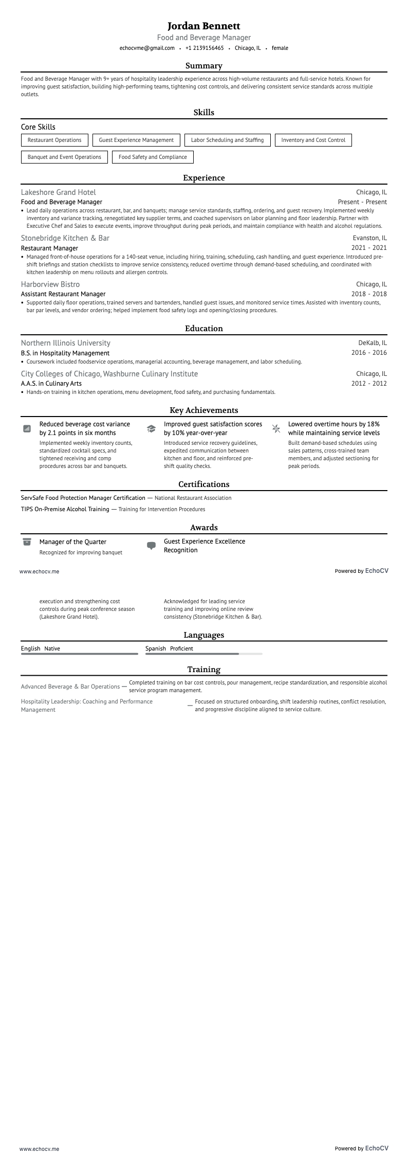 식음료 매니저 example resume