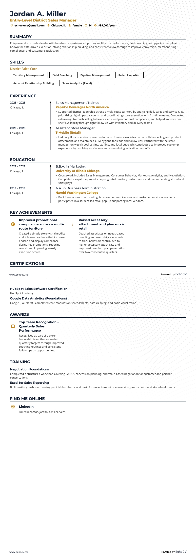 Responsable commercial de secteur débutant example resume