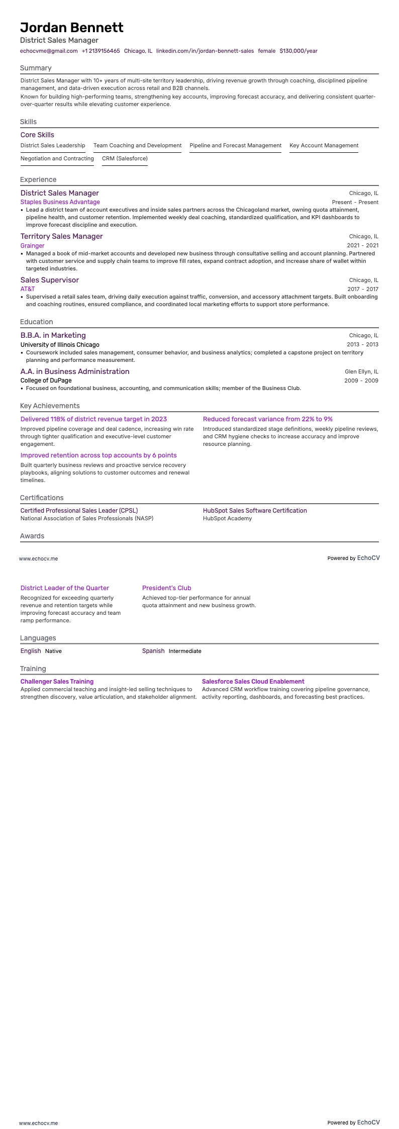 Responsable commercial de district example resume