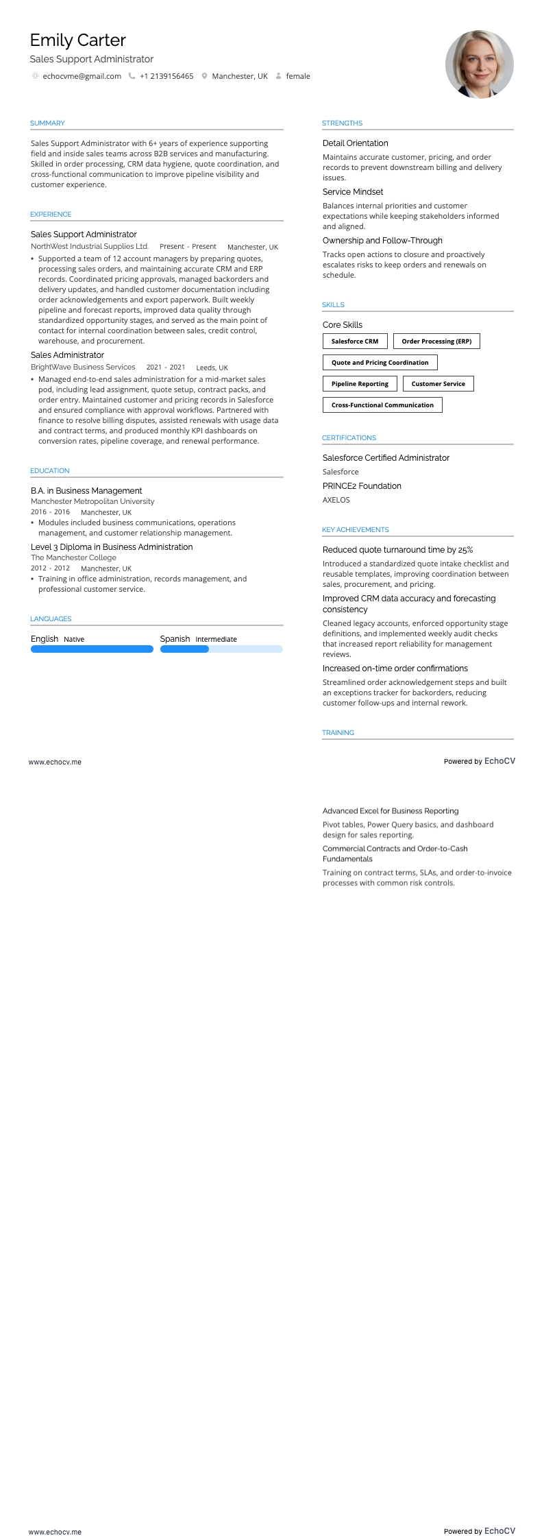 業務行政專員 resume example