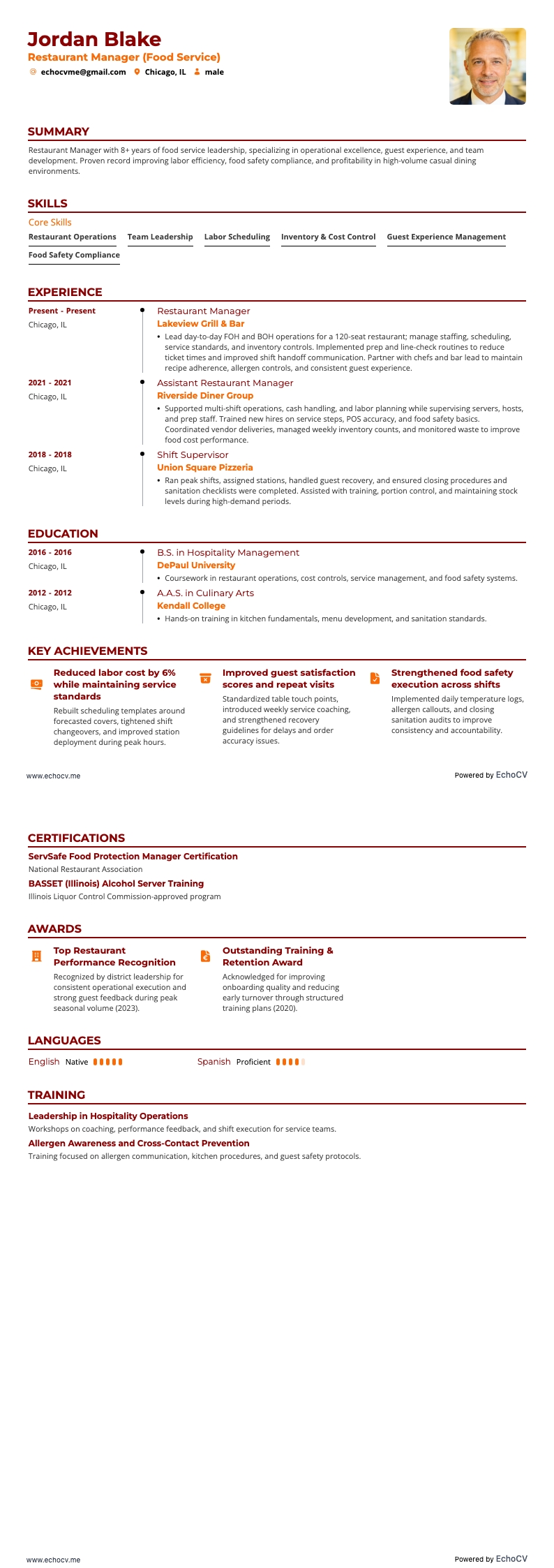 식품 서비스 example resume
